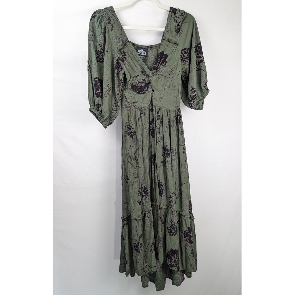 Floral Fairy Grunge Maxi Peasant Dress Sz M Green Cottagecore Witchy Whimsigoth - Picture 2 of 9